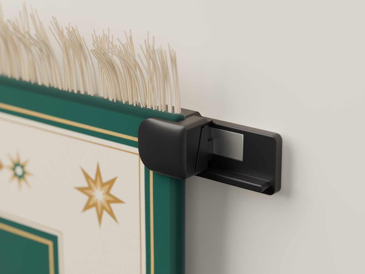 A black clamp at the corner of a hung prayer mat